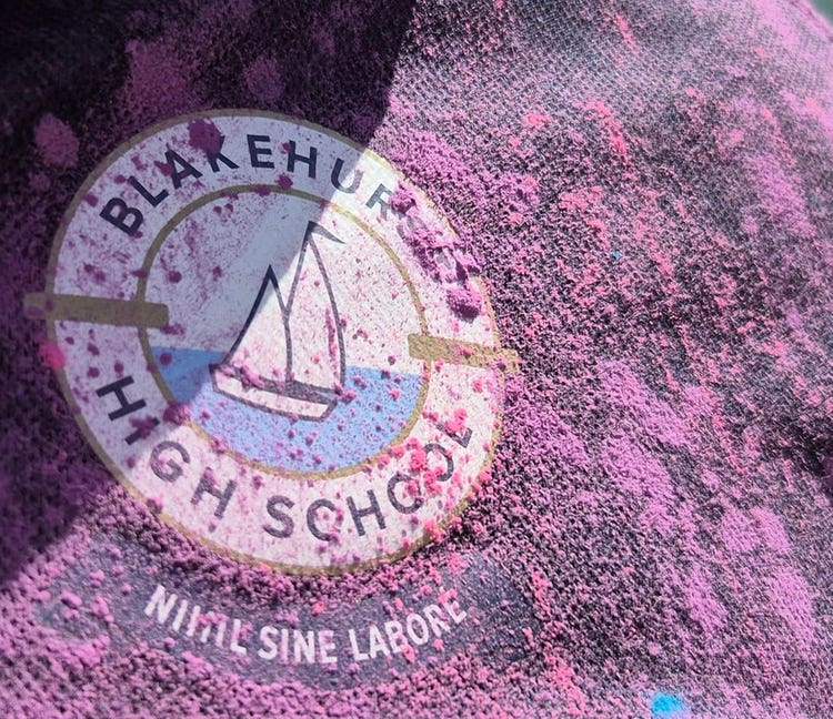 An image of our school logo with pink dust over the top from the colour run,